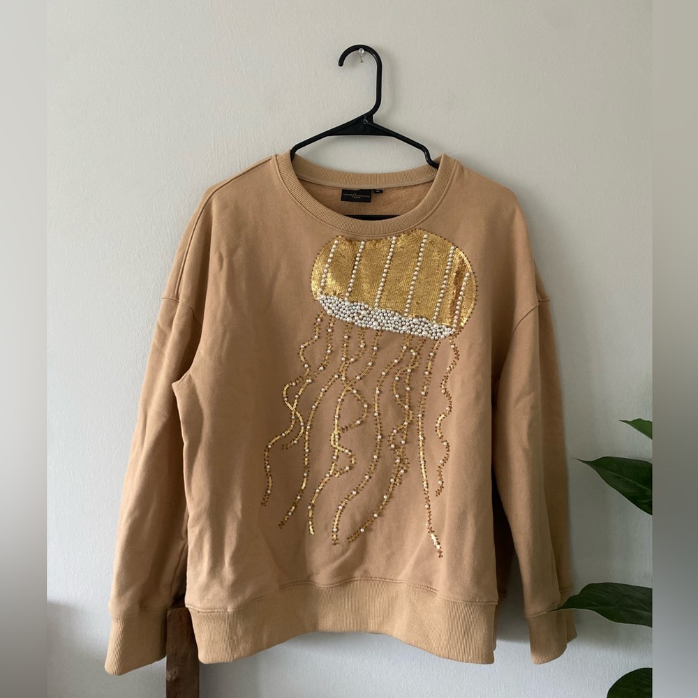 Wolf & Badger Set Tan Gold Sequin Pearl Embellish Octopus Cotton Sweat Suit XL